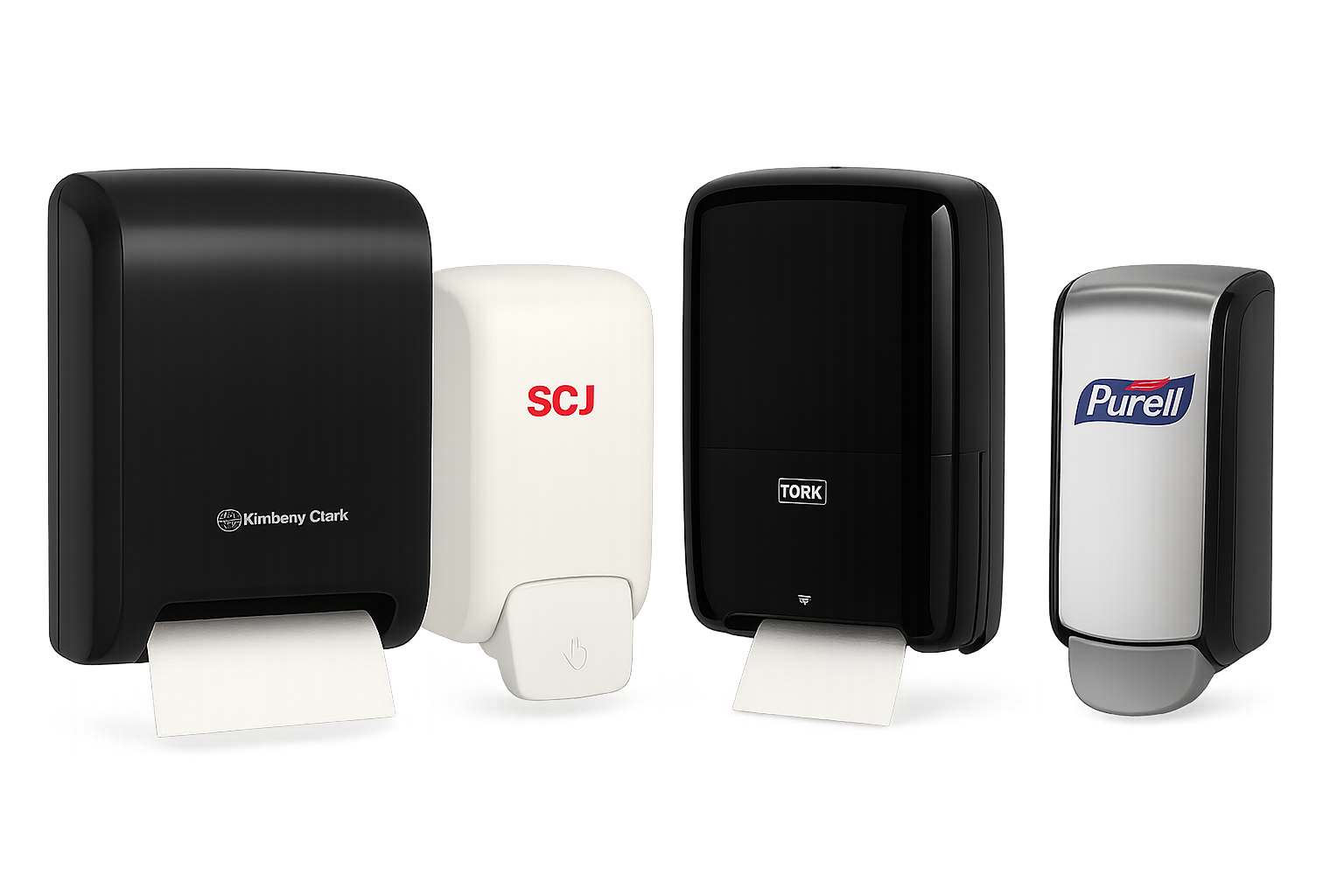 Paper towel dispensers, toilet tissue dispensers and soap dispensers for commercial restrooms and facilities